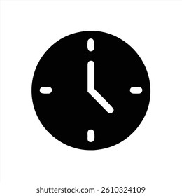 A simple black and white vector illustration depicts a classic round clock with minimal features. The clock shows the time with clear hour and minute hands.