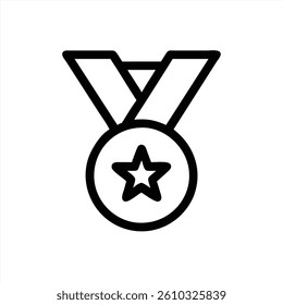 A simple black and white vector illustration showcasing a medal featuring a star at its center. The medal is suspended by a wide ribbon, symbolizing achievement and recognition.