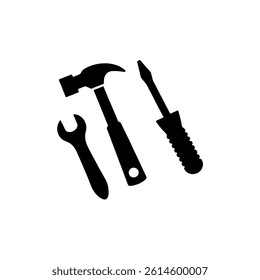 a simple black and white vector illustration of a hammer, wrench and screwdriver, perfect for construction and repair.

