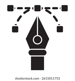 Simple black and white vector illustration of a pen tool icon with a curved path and anchor points. Represents graphic design, creativity, illustration, and digital art. Suitable for website design