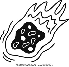 Simples ilustração vetorial em preto e branco de um cometa em chamas voando pelo espaço, deixando um rastro de fogo e partículas, ideal para projetos educacionais ou científicos