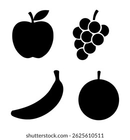 a simple black and white vector illustration of an apple, banana, grapes and orange fruit icons set