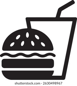 A simple black and white vector illustration depicts a classic hamburger and a drink cup, perfect for modern design needs. 