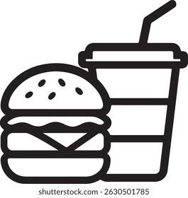 A simple, black and white vector illustration depicts a classic burger and soda cup with a straw, perfect for representing iconic fast food. 