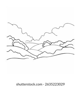 A simple black and white vector illustration depicting rolling hills and cloudy sky