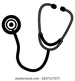 A simple, black and white vector illustration depicts a classic medical stethoscope, expertly isolated on a clean white background. 