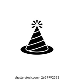 Simple black and white vector illustration showcases a striped birthday party hat icon, complete with a decorative pom-pom on top and a brim at the base.
