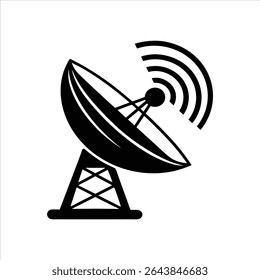 A simple black and white vector illustration depicts a satellite dish emitting waves. The style is a clean outline graphic with solid black shapes against a white background.