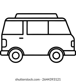Uma ilustração vetorial simples, em preto e branco, retrata uma van de passageiros ou campervan em um estilo de contorno.