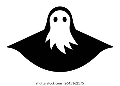 A simple black and white vector illustration of a ghost silhouette floating against a white background The ghost has a rounded shape with two small eyes and a flowing bottom.