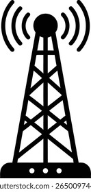 Ilustração vetorial simples em preto e branco de uma torre de antena para comunicação, isolada sobre fundo branco.