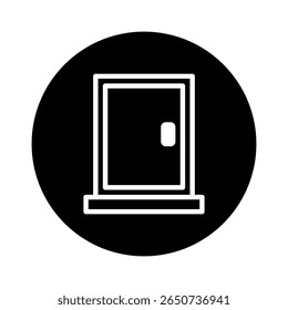 Simple black and white vector illustration of a door within a circle background design isolated