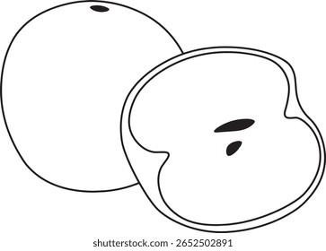 Simples ilustração de vetor preto e branco de uma pera inteira e meia pera com sementes visíveis.