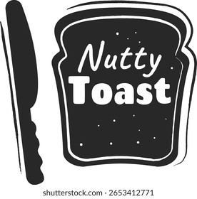 Simples ilustração vetorial preto e branco com brinde de nozes com uma faca de manteiga descansando nas proximidades, capturando perfeitamente a essência de uma cena deliciosa café da manhã