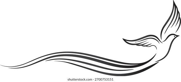 A simple black and white vector illustration of a dove in flight, symbolizing peace, freedom, and spirituality, isolated on a clean white background. Ideal for various designs.