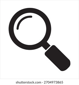 Simple black and white vector illustration of a magnifying glass. Represents search, investigation, research, or finding information. Clean, minimalist design.