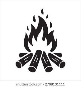 Simple black and white vector illustration of a campfire with flames, logs, and a clean, minimalist design.