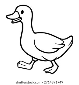 Una simple Ilustración vectorial en blanco y negro de un feliz pato de dibujos animados caminando con la boca abierta.