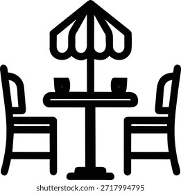 Einfache schwarz-weiße Vektorgrafik eines Outdoor-Café-Tisches mit zwei Stühlen und Schirm. Perfekt für Restaurantmenüs, Websites und Marketingmaterialien. Diese minimalistische Ikone steht für Entspannung, Sommer und Geselligkeit. Jetzt herunterladen!