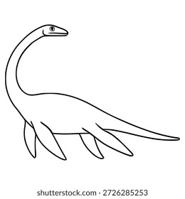 Simple Ilustración vectorial en blanco y negro de un dinosaurio plesiosaurio, aislado sobre fondo blanco.