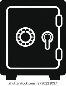Una sencilla Ilustración vectorial en blanco y negro de una caja fuerte con esfera y asa, que representa la seguridad y la riqueza.