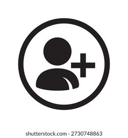 Uma ilustração vetorial simples em preto e branco de um ícone de pessoa com um sinal de adição, indicando a ação de adicionar um usuário.