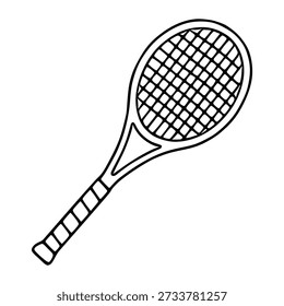 Simple black and white vector illustration of a tennis racket on a white background.