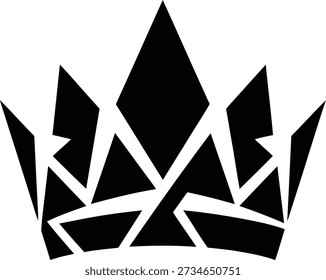 A simple black and white vector illustration of a shattered royal crown. The icon features sharp, angular fragments, symbolizing a fallen monarchy or broken power on an isolated background.