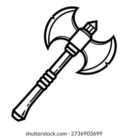 Simple black and white vector illustration of a double-bladed battle axe. This icon is perfect for fantasy games, medieval themes, or warrior-related designs.