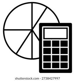 A simple black and white vector illustration of a pie chart next to a calculator, representing financial data and analysis.