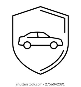 A simple black and white vector illustration featuring a car silhouette within a shield emblem, symbolizing comprehensive auto insurance and vehicle protection services.