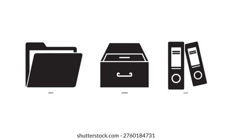 A simple black and white vector illustration of office filing system icons, including folders, a file box, and binders, arranged on a plain white background to represent organization and productivity.