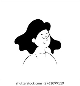 Simple Black and White Vector Illustration of a Calm Young Woman with Long Dark Hair and Eyes Closed. Hand Drawn Minimalist Character for Meditation, Mental Health, and Wellness Concept