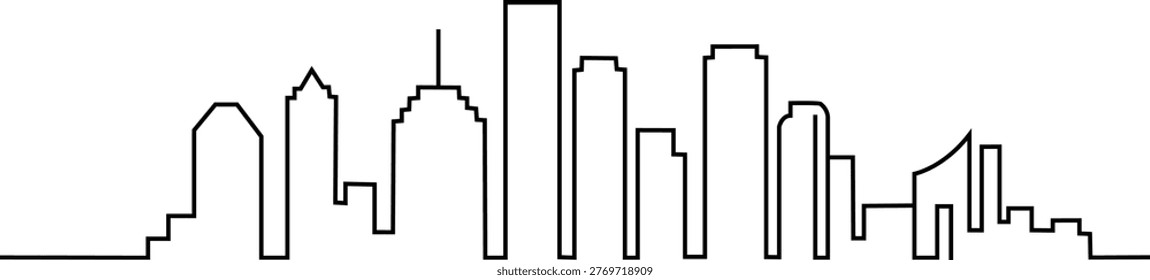 A simple black and white vector illustration depicts a city skyline with buildings of different heights and architectural styles. Presented in outline style.