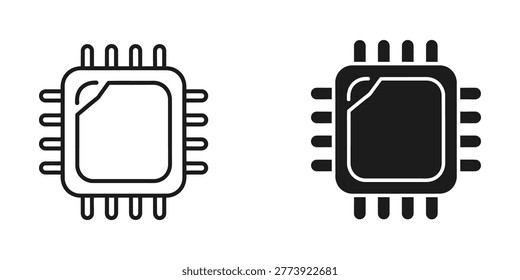 A simple black and white vector illustration of a microchip or computer chip. Perfect for technology, electronics, hardware, digital, circuit, and computer related projects or designs.