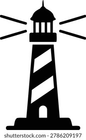 Simple black and white vector illustration of a traditional lighthouse emitting bright light rays from its top lantern room, standing tall.