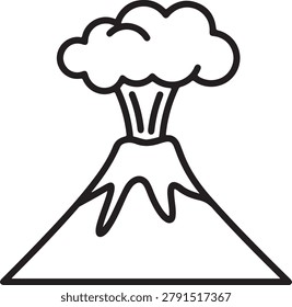 Simple black and white vector illustration of an erupting volcano releasing a large smoke cloud.