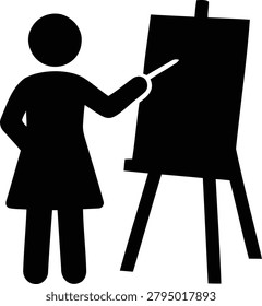 Simple black and white vector illustration shows a person demonstrating artistic technique at an easel with a pointer, conveying creative education.