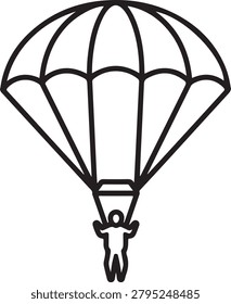 Simple black and white vector illustration of a person safely descending using a fully deployed parachute.
