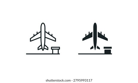 Simple black and white vector illustration showing an airplane parked at a gate with a luggage cart, emphasizing boarding or disembarking process. Clean, minimalist style for icons or infographics.