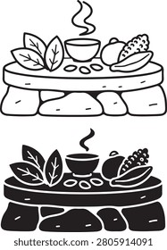 A simple black and white vector illustration featuring a steaming bowl, fresh leaves, and corn on a rustic stone table.