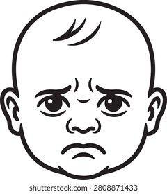 Simple black and white vector illustration of a sad baby face with a crying expression