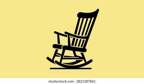 Simple black and white vector illustration of a traditional rocking chair isolated on a yellow background, perfect for interior design concepts.