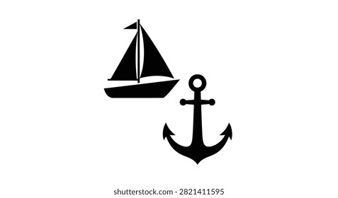 A simple black and white vector illustration showing a sailboat icon positioned next to a traditional marine anchor symbol