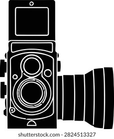A simple black and white vector illustration of a retro twin lens reflex camera. This graphic design icon represents classic film photography and vintage gear.