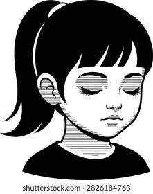 A simple black and white vector illustration of a young girl with a ponytail and a peaceful, calm expression.