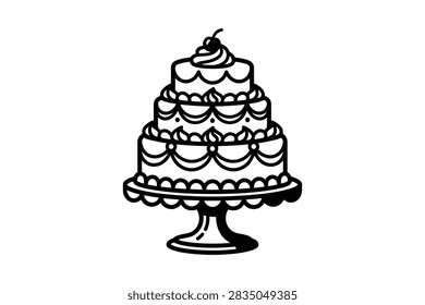 A simple black and white vector illustration of a three-tiered wedding cake on a cake stand with decorative frosting details.