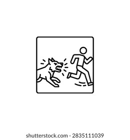 A simple black and white vector illustration depicting a person fleeing from a barking angry dog representing danger or warning signs