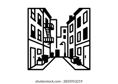 A simple black and white vector illustration showing a narrow city alley between two buildings with fire escapes and trash cans.