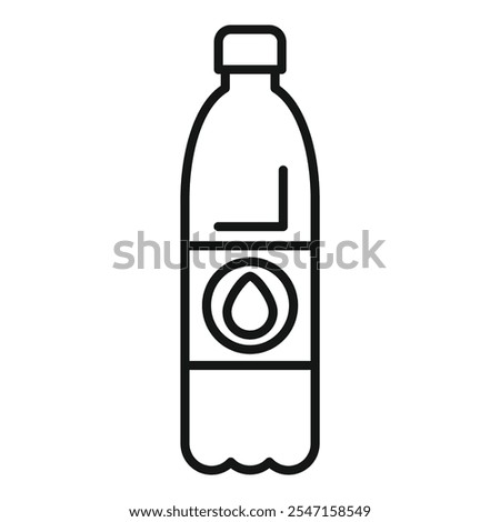 Simple black and white vector illustration of a plastic bottle with a water drop logo, representing the concept of mineral water